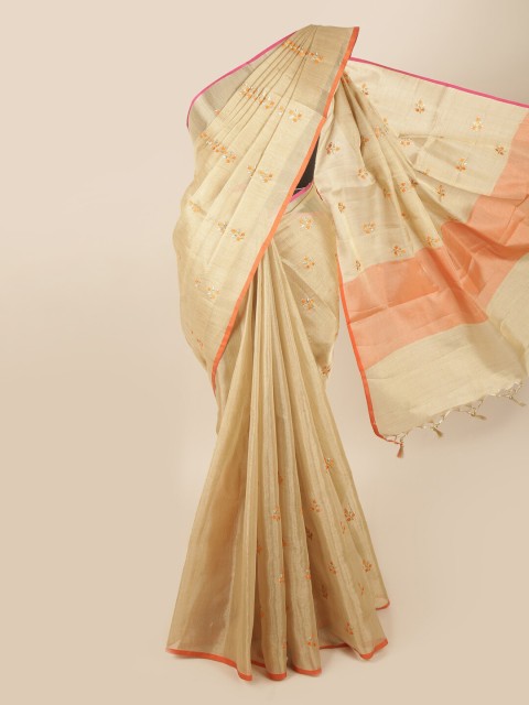 

Pothys Gold-Toned & Orange Floral Embroidered Tissue Saree