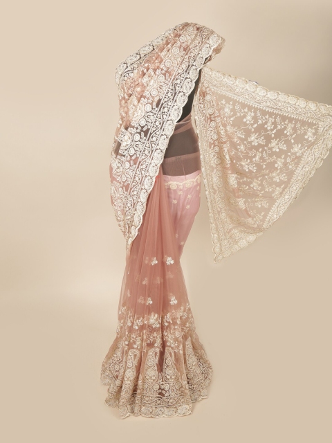 

Pothys Peach-Coloured & White Floral Embroidered Net Saree