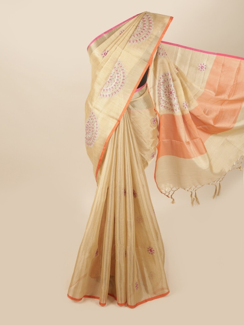 

Pothys Gold-Toned & Orange Floral Embroidered Tissue Saree