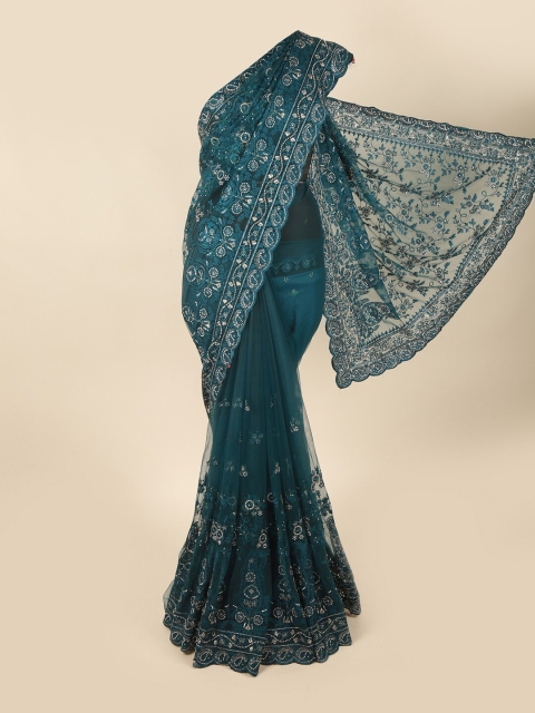 

Pothys Green & Silver-Toned Floral Embroidered Net Saree