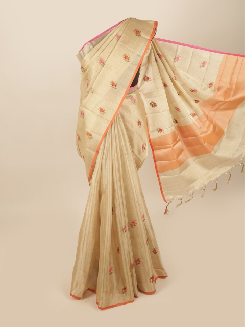 

Pothys Gold-Toned & Pink Floral Embroidered Tissue Saree