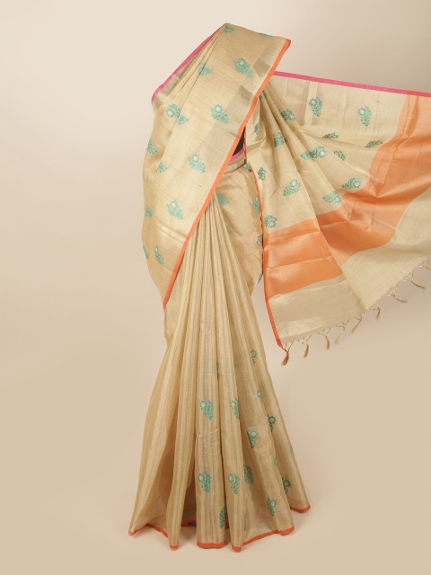 

Pothys Gold-Toned & Green Floral Embroidered Tissue Saree