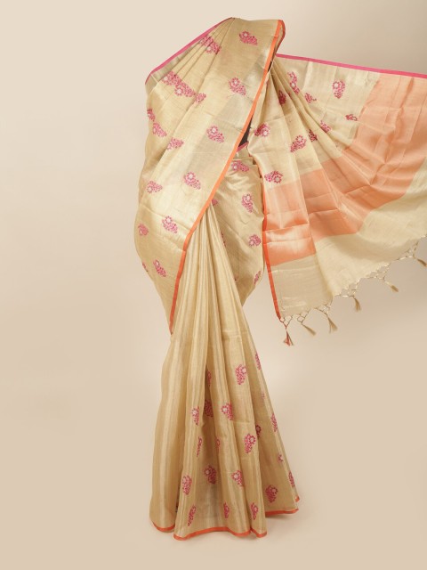 

Pothys Gold-Coloured & Pink Ethnic Motifs Embroidered Tissue Saree