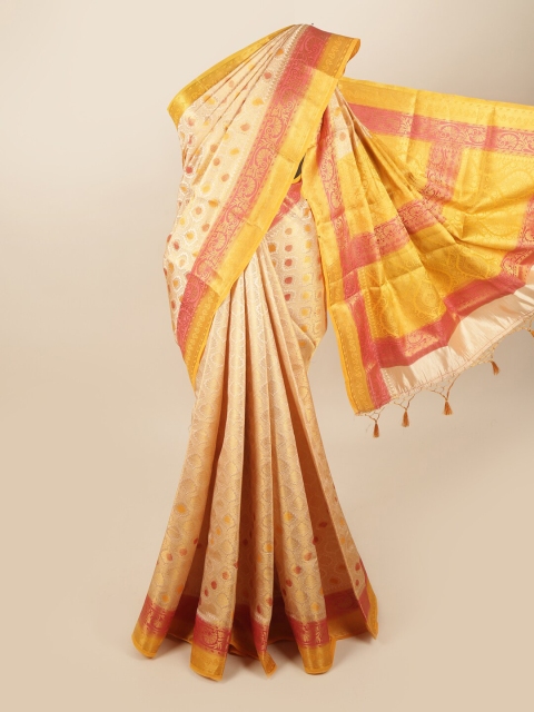 

Pothys Peach-Coloured & Yellow Woven Design Zari Art Silk Banarasi Saree