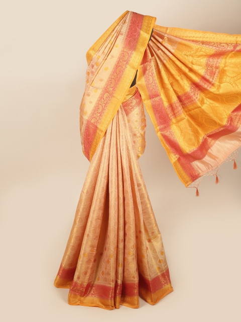 

Pothys Peach-Coloured & Mustard Ethnic Motifs Zari Art Silk Banarasi Saree