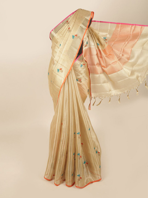 

Pothys Gold-Toned & Pink Floral Tissue Saree