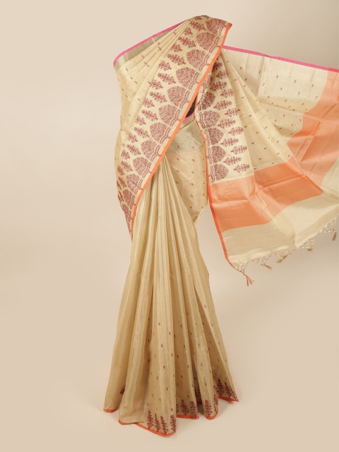 

Pothys Gold-Toned & Orange Floral Embroidered Tissue Saree