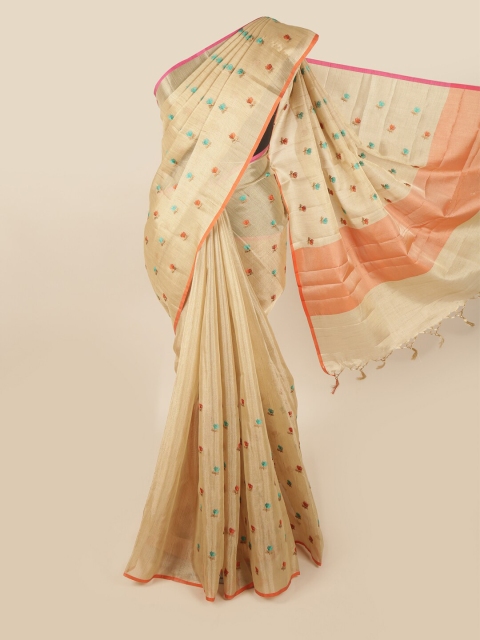 

Pothys Gold-Toned & Orange Floral Embroidered Tissue Saree