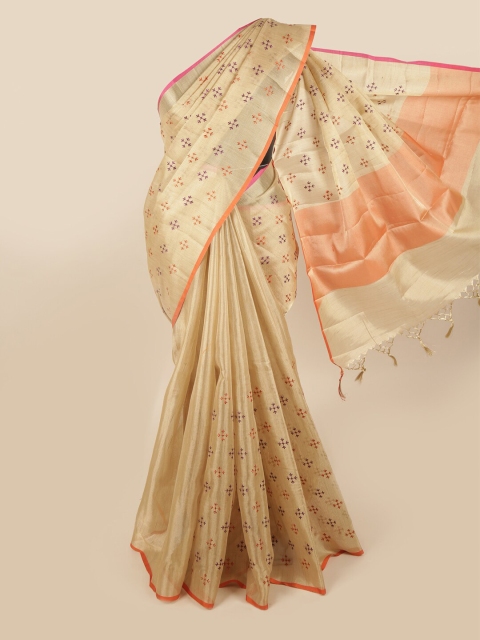 

Pothys Gold-Toned & Pink Floral Embroidered Tissue Saree
