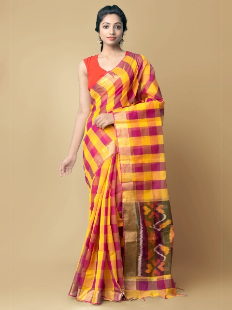 

Unnati Silks Pink & Yellow Checked Zari Silk Cotton Chanderi Saree
