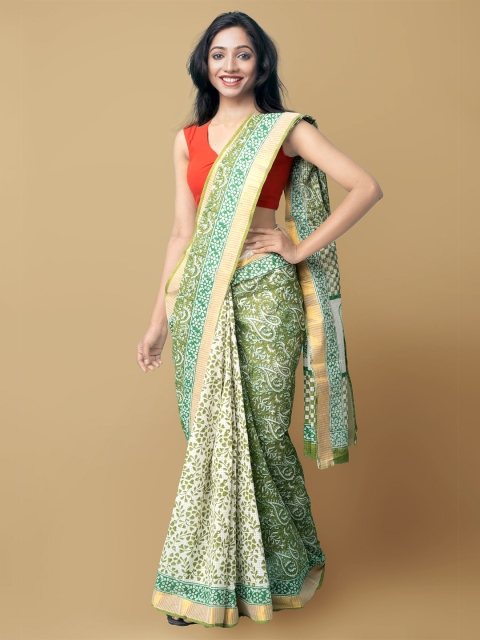

Unnati Silks Cream-Coloured & Green Ethnic Motifs Zari Kota Saree