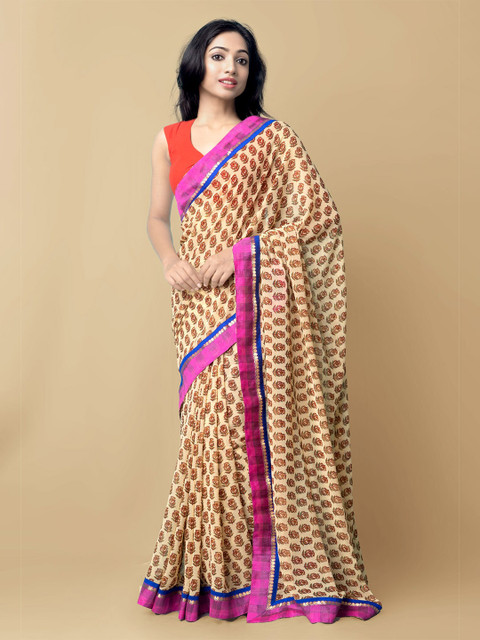 

Unnati Silks Yellow & Red Ethnic Motifs Block Print Saree