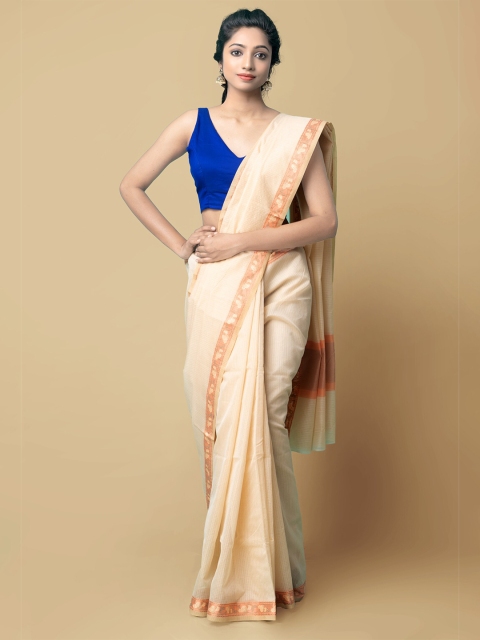 

Unnati Silks Cream-Coloured & Peach-Coloured Checked Kota Saree