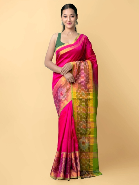 

Unnati Silks Pink & Green Striped Zari Silk Cotton Uppada Saree