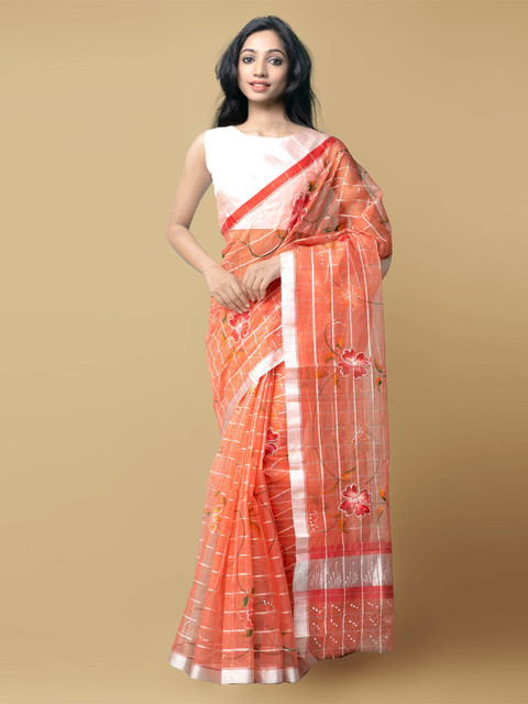 

Unnati Silks Orange & Green Floral Organza Murshidabad silk Saree