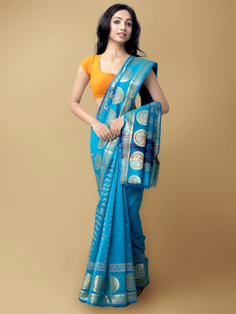 

Unnati Silks Blue & Gold-Toned Woven Design Zari Silk Cotton Kanjeevaram Saree