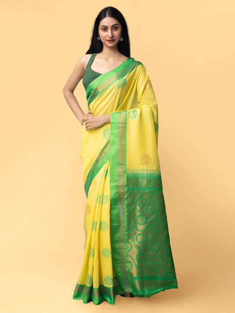 

Unnati Silks Yellow & Green Woven Design Zari Silk Cotton Uppada Saree