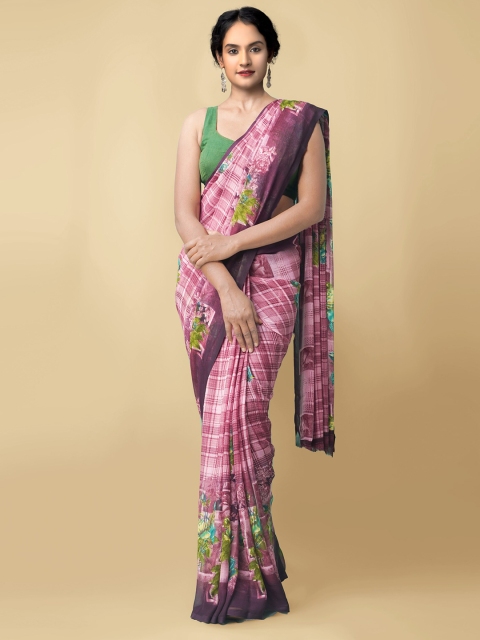 

Unnati Silks Pink & Green Floral Poly Georgette Saree