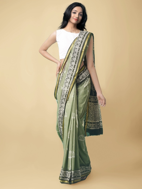 

Unnati Silks Green & White Ethnic Motifs Zari Pure Cotton Block Print Saree