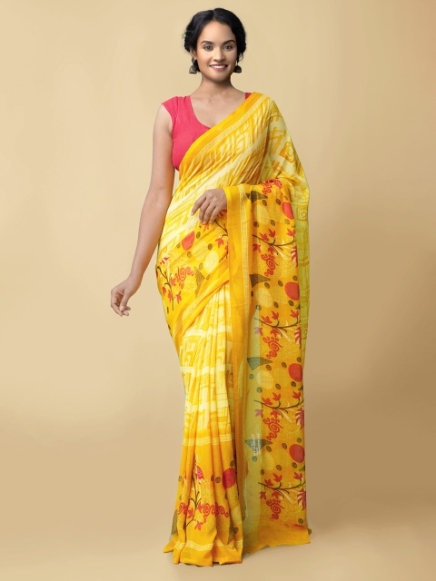 

Unnati Silks Yellow & White Checked Block Print Saree