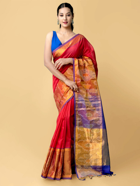 

Unnati Silks Red & Violet Woven Design Zari Silk Cotton Uppada Saree
