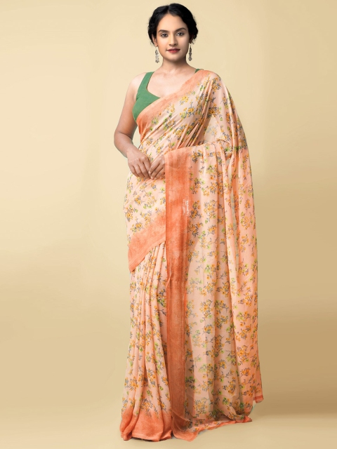 

Unnati Silks Peach-Coloured & Green Floral Block Print Saree
