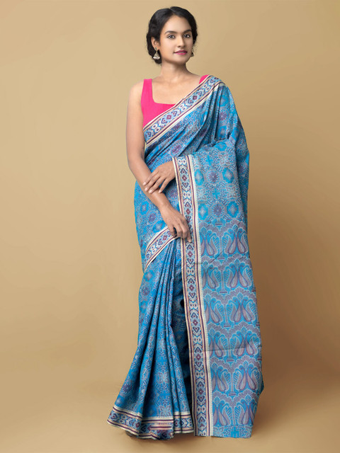 

Unnati Silks Blue & Cream-Coloured Ethnic Motifs Block Print Saree