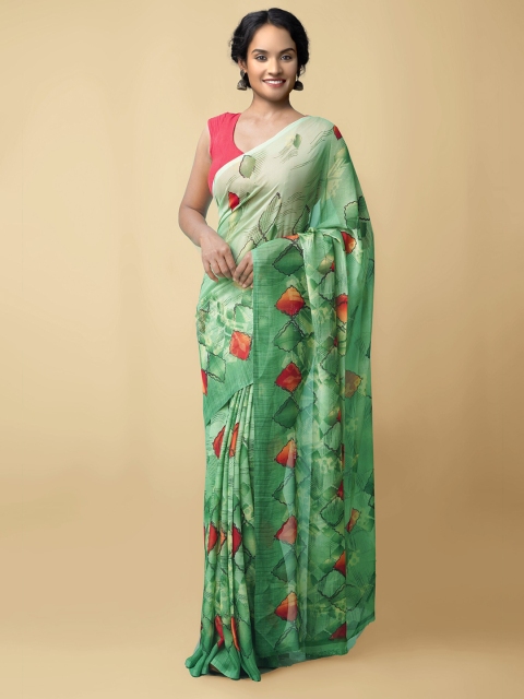 

Unnati Silks Green & Orange Block Print Saree