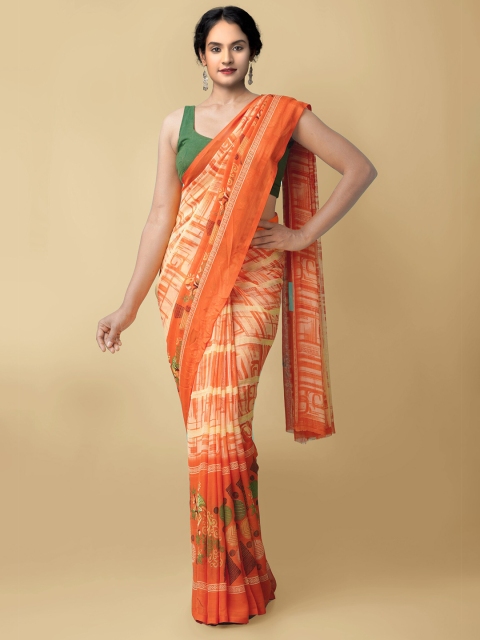 

Unnati Silks Orange & Tan Ethnic Motifs Block Print Saree