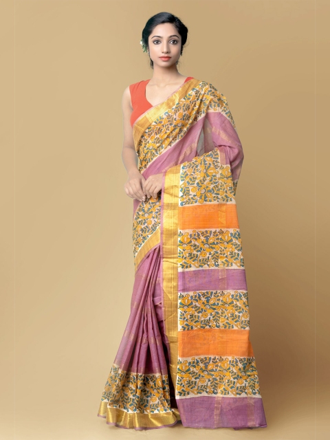 

Unnati Silks Pink & Violet Floral Zari Pure Cotton Kasavu Saree