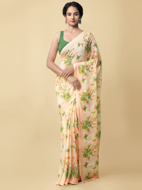 

Unnati Silks Peach-Coloured & Green Floral Block Print Saree