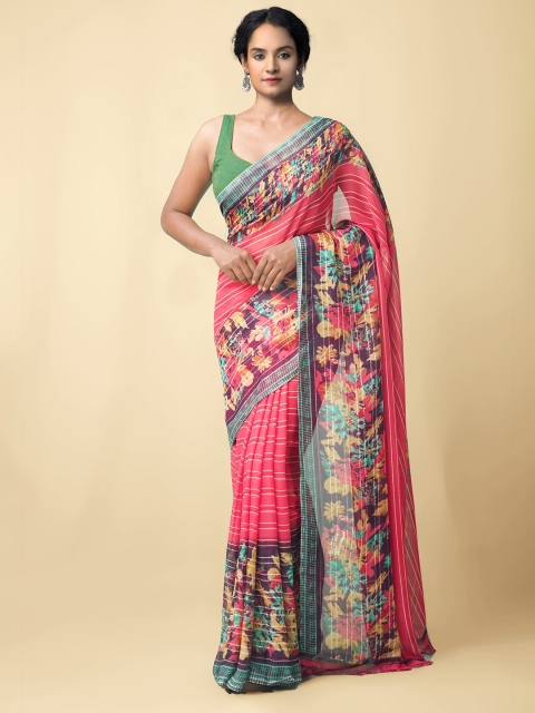 

Unnati Silks Red & Green Floral Block Print Saree