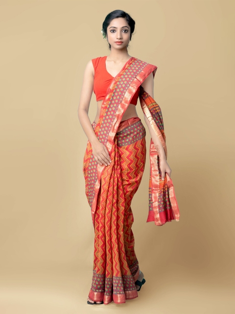 

Unnati Silks Red & Yellow Ethnic Motifs Block Print Saree