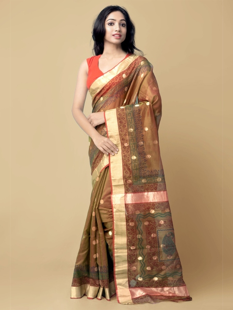 

Unnati Silks Brown & Red Woven Design Silk Cotton Chanderi Saree