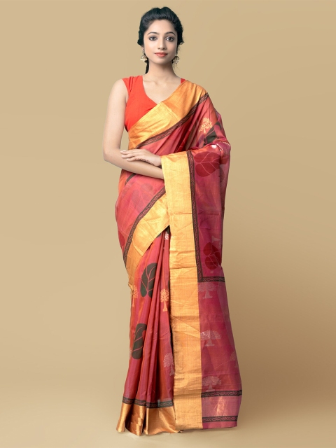 

Unnati Silks Red & Mustard Floral Zari Silk Cotton Chanderi Saree