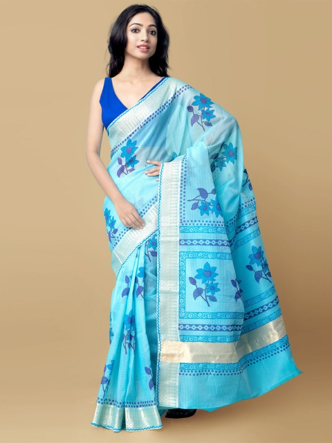 

Unnati Silks Blue & Silver-Toned Floral Zari Kota Saree