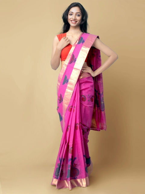 

Unnati Silks Pink & Blue Ethnic Motifs Zari Silk Cotton Chanderi Saree