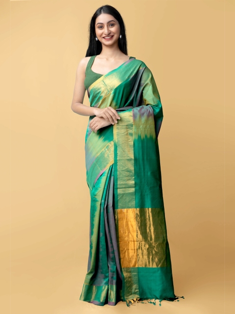 

Unnati Silks Green & Gold-Toned Woven Design Silk Cotton Uppada Saree