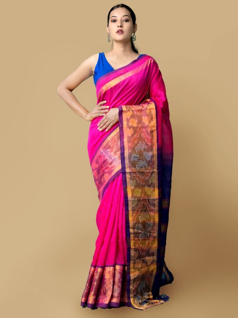 

Unnati Silks Pink & Blue Zari Silk Cotton Uppada Saree