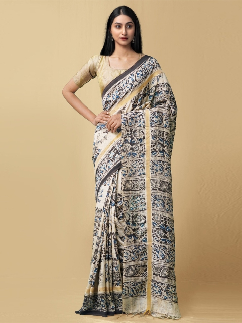 

Unnati Silks Cream-Coloured & Black Kalamkari Pure Cotton Kanjeevaram Saree