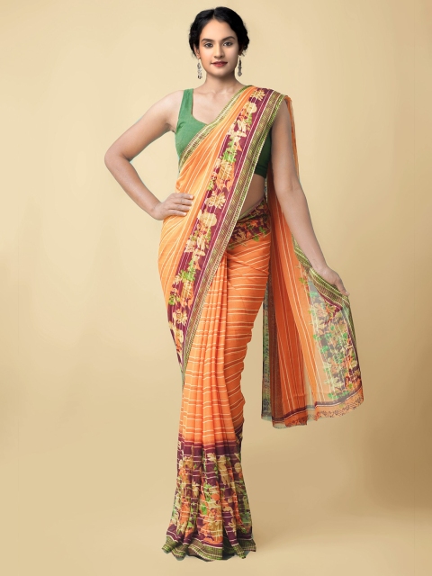 

Unnati Silks Orange & Fuchsia Floral Block Print Saree