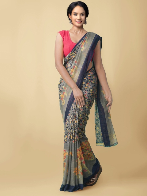 

Unnati Silks Blue & Red Floral Block Print Saree
