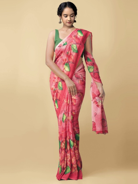 

Unnati Silks Pink & Green Floral Block Print Saree