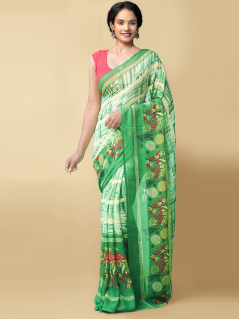

Unnati Silks Green & Gold-Toned Ethnic Motifs Block Print Saree