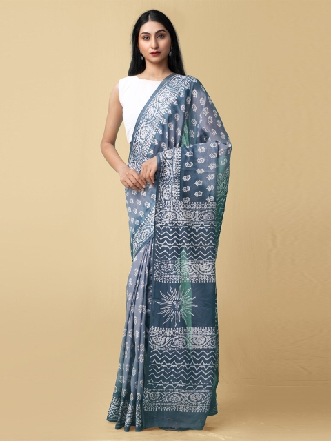 

Unnati Silks Blue & White Floral Printed Pure Cotton Kota Saree