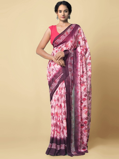 

Unnati Silks Pink & Purple Floral Block Print Saree