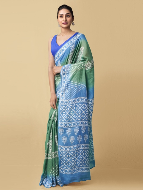 

Unnati Silks Green & Blue Floral Pure Cotton Kota Saree