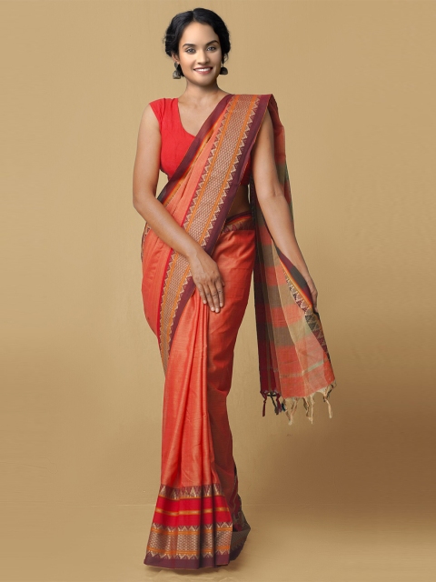 

Unnati Silks Orange & Red Ethnic Motifs Pure Cotton Narayan Peth Saree