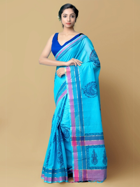 

Unnati Silks Blue & Fuchsia Ethnic Motifs Zari Pure Cotton Mangalagiri Saree