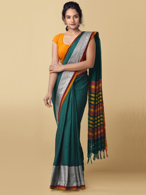 

Unnati Silks Green & Orange Zari Pure Cotton Narayan Peth Saree